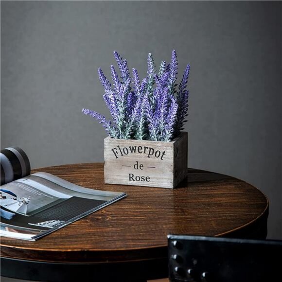 2Pcs Purple Faux Lavender Flowers with Small Wooden Box Plant Pot 5" - Picture 3 of 6